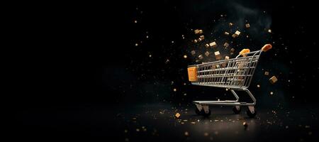 Generative AI, golden shopping cart on dark background with glittered bokeh, Black Friday concept, discount and sale.. photo