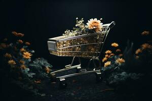 Generative AI, golden shopping cart on dark background with glittered bokeh, Black Friday concept, discount and sale.. photo