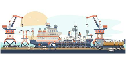 Shipbuilding site. Workers building ship in the dock. Engineers men welding metal structures, painting a vessel. Scaffolds on the ship. Shipbuilding company. Marine industry. Flat vector illustration.