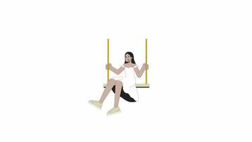 Beautiful young woman on swing line 2D character animation. Carefree girl relaxing flat color cartoon 4K video, alpha channel. Happy lady riding on hanging swing animated person on white background video