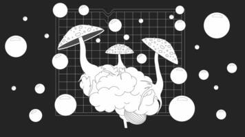 Blowing bubbles trippy mushrooms on brain bw lo fi animated background. Fungus affecting organ 80s retro lofi wallpaper cartoon animation. Hallucinogenic monochrome chill 4K video motion graphic