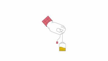Steeping teabag line 2D character hand animation. Holding tea bag flat color cartoon 4K video, alpha channel. Putting teabag in. Dunking tea bag animated person body part on white background video