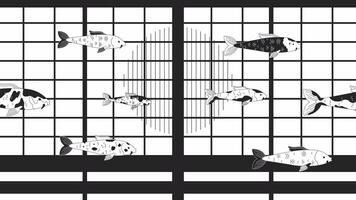 carpe koi nager dans inondé maison bw lo Fi Animé Contexte. traditionnel Japonais porte nishikigoi poisson Années 80 rétro lofi fond d'écran dessin animé animation. aquarium monochrome refroidissement 4k vidéo mouvement graphique video