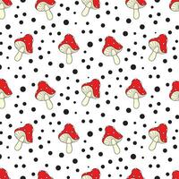 Mushroom seamless pattern. Amanita Muscaria fly agaric texture design for textile, wrapping paper. Polka dot backdrop. Vector illustration isolated on white background