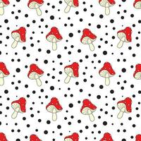 Mushroom seamless pattern. Amanita Muscaria fly agaric texture design for textile, wrapping paper. Polka dot backdrop. Vector illustration isolated on white background