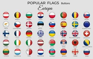 40 buttons flags of European countries. Europe flag icon set. 3d round design. Official coloring. Vector isolated