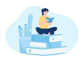 Female student sitting and reading a book concept flat illustration vector