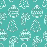 Christmas tree, candy, toy doodle seamless pattern for paper, fabric, decoration. Green festive background. Vector illustration