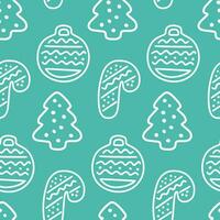 Christmas tree, candy, toy doodle seamless pattern for paper, fabric, decoration. Green festive background. Vector illustration