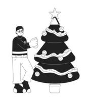 Eyeglasses asian man decorating Christmas tree black and white 2D cartoon character. Japanese guy hanging bauble on spruce isolated vector outline person. Xmas monochromatic flat spot illustration