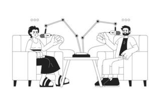 Co-hosted podcast black and white cartoon flat illustration. Podcast hosts asian woman, caucasian man linear 2D characters isolated. Diverse podcasters conversation monochromatic scene vector image