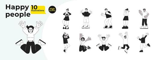 Excited people multicultural black and white cartoon flat illustration bundle. Holding hands high up linear 2D characters isolated. Joyful smiling. Having fun monochromatic vector image collection