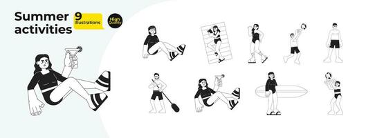 Summertime people diversity black and white cartoon flat illustration bundle. Swimwear beach multiracial young adult linear 2D characters isolated. Summer holiday monochromatic vector image collection