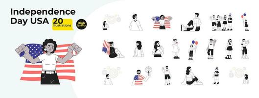 4th of july celebration black and white cartoon flat illustration bundle. Cheerful diverse people holding american flags linear 2D characters isolated. Patriotic monochromatic vector image collection