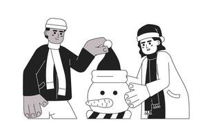 Winter clothes friends making snowman black and white 2D cartoon characters. Interracial couple having fun isolated vector outline people. Leisure wintertime monochromatic flat spot illustration
