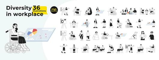 Diverse employees coworkers multicultural black and white cartoon flat illustration bundle. Diversity colleagues inclusive people linear 2D characters isolated. Monochromatic vector image collection