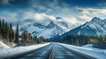 Winter road leading to snowy mountains. Generative AI photo