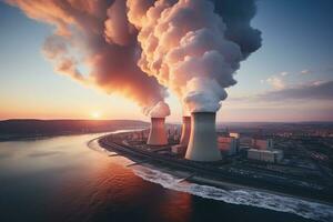 Nuclear power plant, aerial view. Generative AI photo