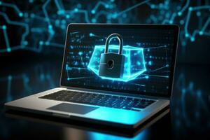 Laptop with digital padlock on screen. Generative AI photo
