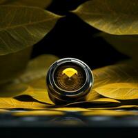 Camera lens in autumn leaves background photo