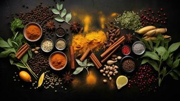 Top view of various Indian spices and seasonings on a table photo