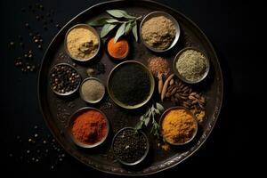 Top view of Variety of spices in wooden bowl decoration photo