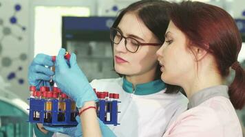 Two young female researchers working with blood test tubes video