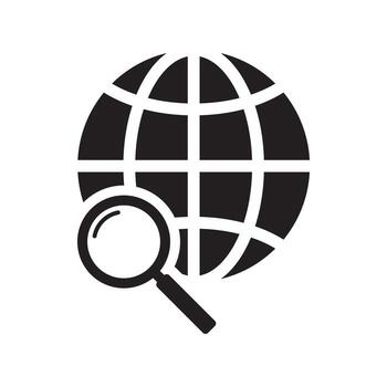 Magnifier and globe icon, search for a place on a map or on the globe icon. The icon of the magnifying glass and planet Earth. vector