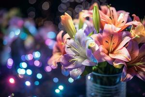 AI Generated Flower Background with Bokeh Lights and Copy Space photo
