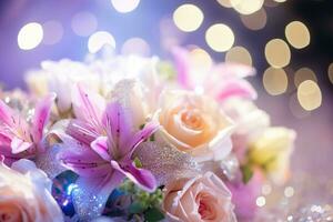 AI Generated Flower Background with Bokeh Lights and Copy Space photo