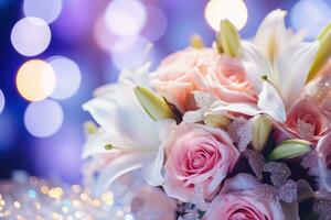 AI Generated Flower Background with Bokeh Lights and Copy Space photo