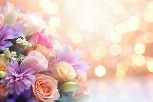 AI Generated Flower Background with Bokeh Lights and Copy Space photo