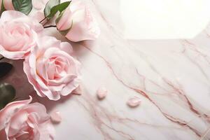 AI Generated Roses on Marble with Copy Space photo