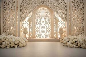 AI Generated wedding arch with flowers on white photo