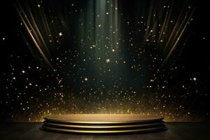 AI Generated Golden stage with glowing lights photo