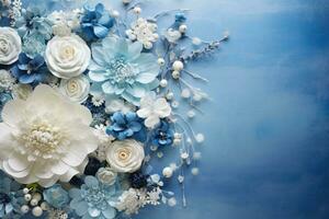 AI Generated Flowers on Blue with copy space photo