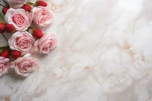 AI Generated Roses on Marble Background with Copy Space photo