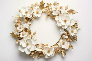 AI Generated flower wreath on white with copy space photo