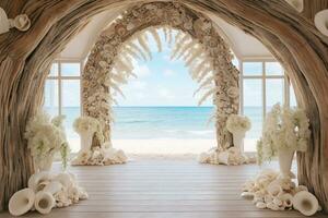 AI Generated Beach Wedding Arch with Flowers photo