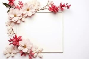 AI Generated flower frame on white with copy space photo