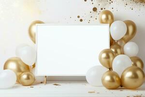 AI Generated white celebration background with balloons photo