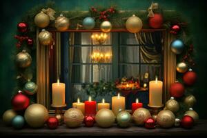 AI Generated Christmas Background with Baubles and copy space photo