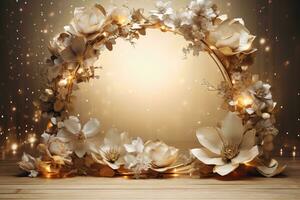 AI Generated golden floral frame with copy space photo