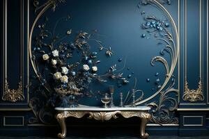 AI Generated luxury golden ornaments on black photo