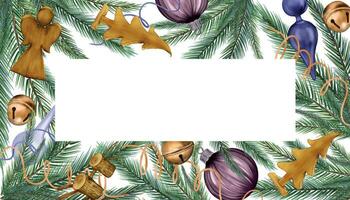 Frame of Christmas tree, decorations and wooden toys digital illustration isolated on white. Pine branch, balls, serpentine hand drawn. Element for holiday package, 2024 new year greeting design vector