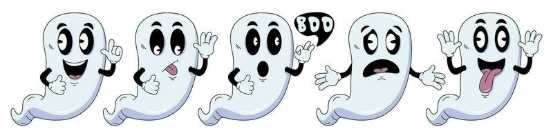 Funny Halloween characters Ghosts in retro style. Scared, happy, emotions faces. Happy Halloween vector illustration.