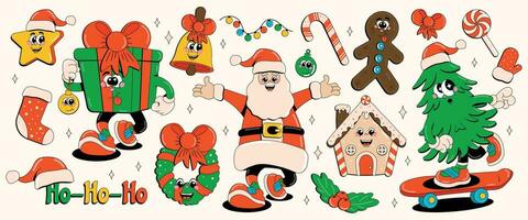 Funny retro cartoon characters Merry Christmas and Happy New Year. Vector illustration in 60-80s style. Modern set of stickers.