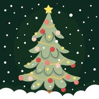 Decorated Christmas tree on a dark background with falling snow vector