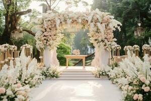 AI Generated Outdoor Wedding Arch with Flowers photo