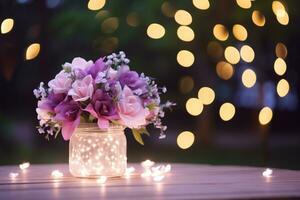 AI Generated Flower Background with Bokeh Lights and Copy Space photo